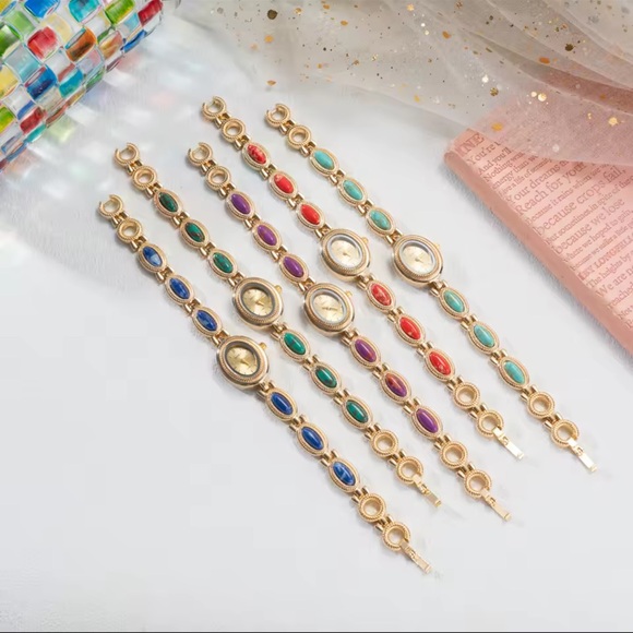 Vintage Green Turquoise Oval Gold Bracelet Watch - Picture 7 of 7